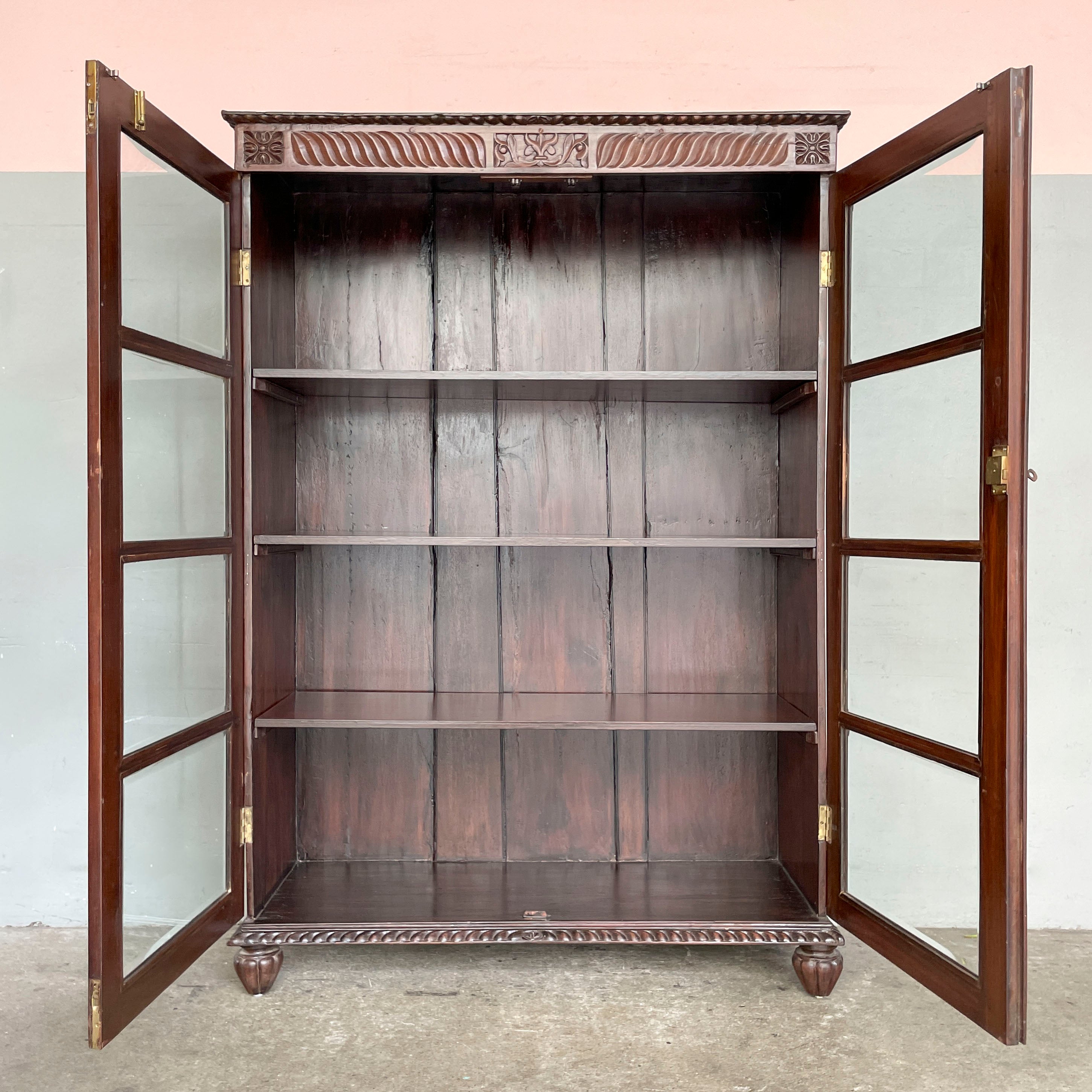 Large Vintage Glass Display Cabinet with Carved Cornice