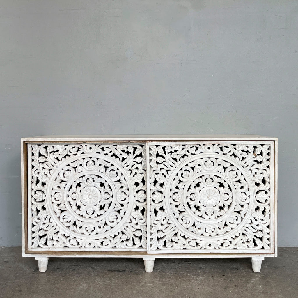 Whitewashed Carved Sliding Door Sideboard