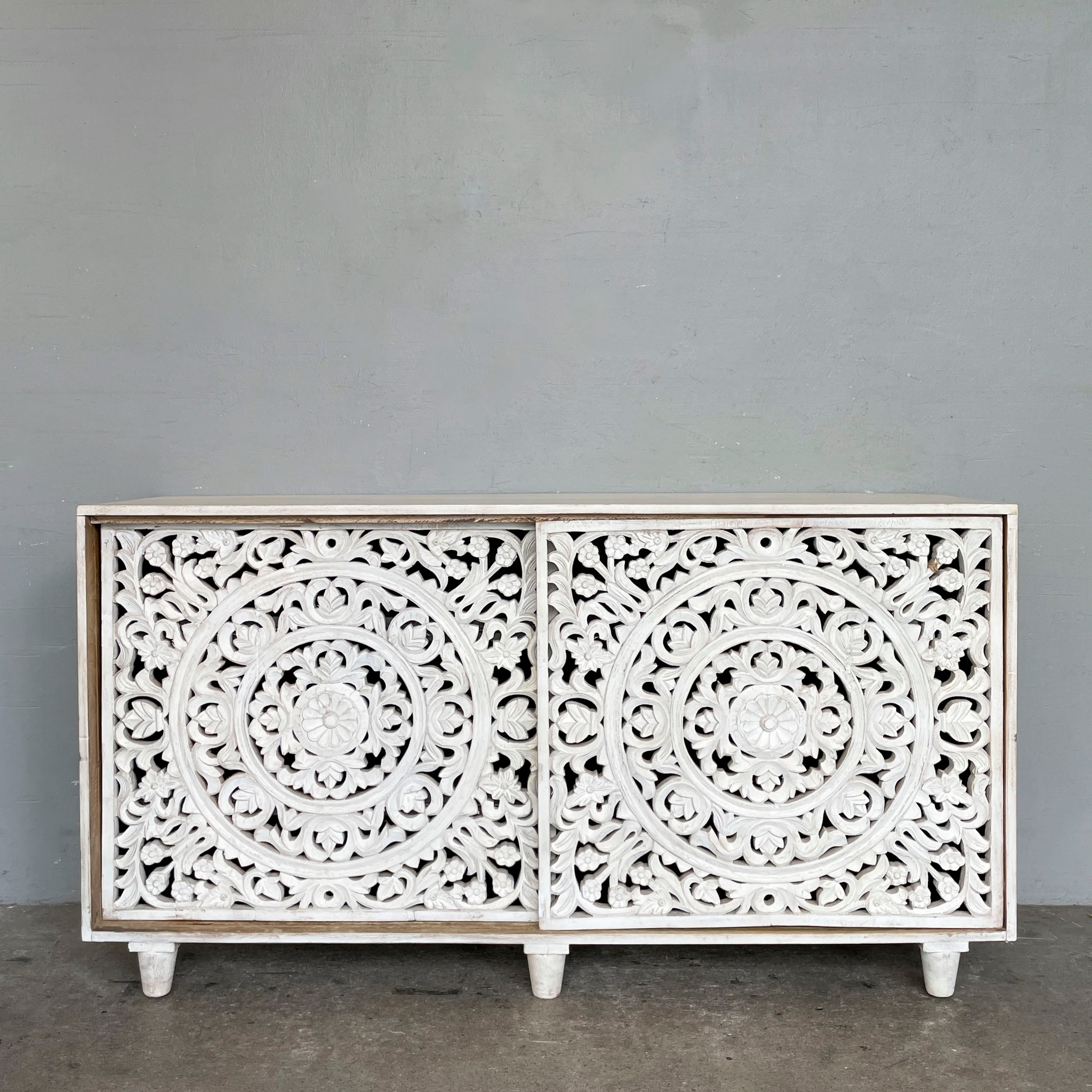 Whitewashed Carved Sliding Door Sideboard