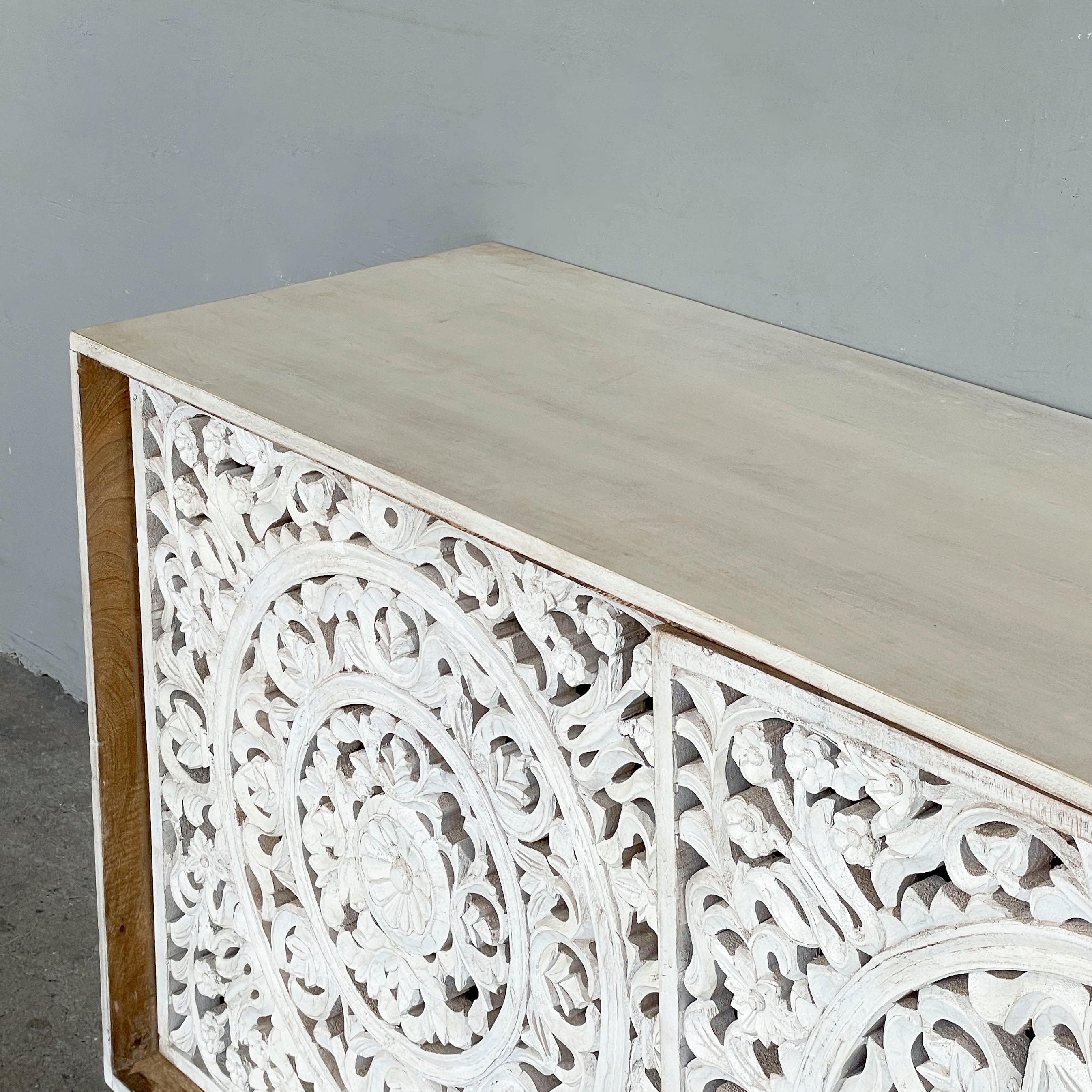 Whitewashed Carved Sliding Door Sideboard