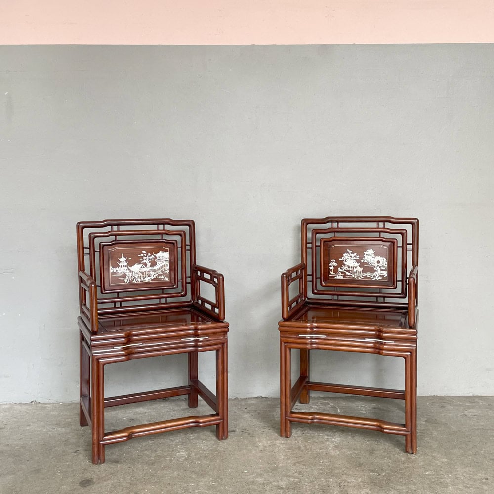 Pair of Rosewood Armchairs with Mother of Pearl Landscape Inlay