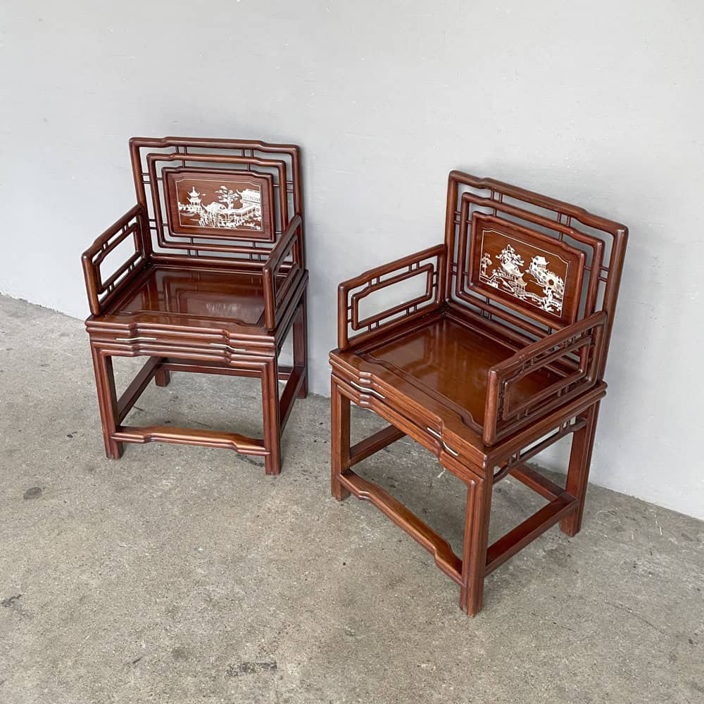 Pair of Rosewood Armchairs with Mother of Pearl Landscape Inlay