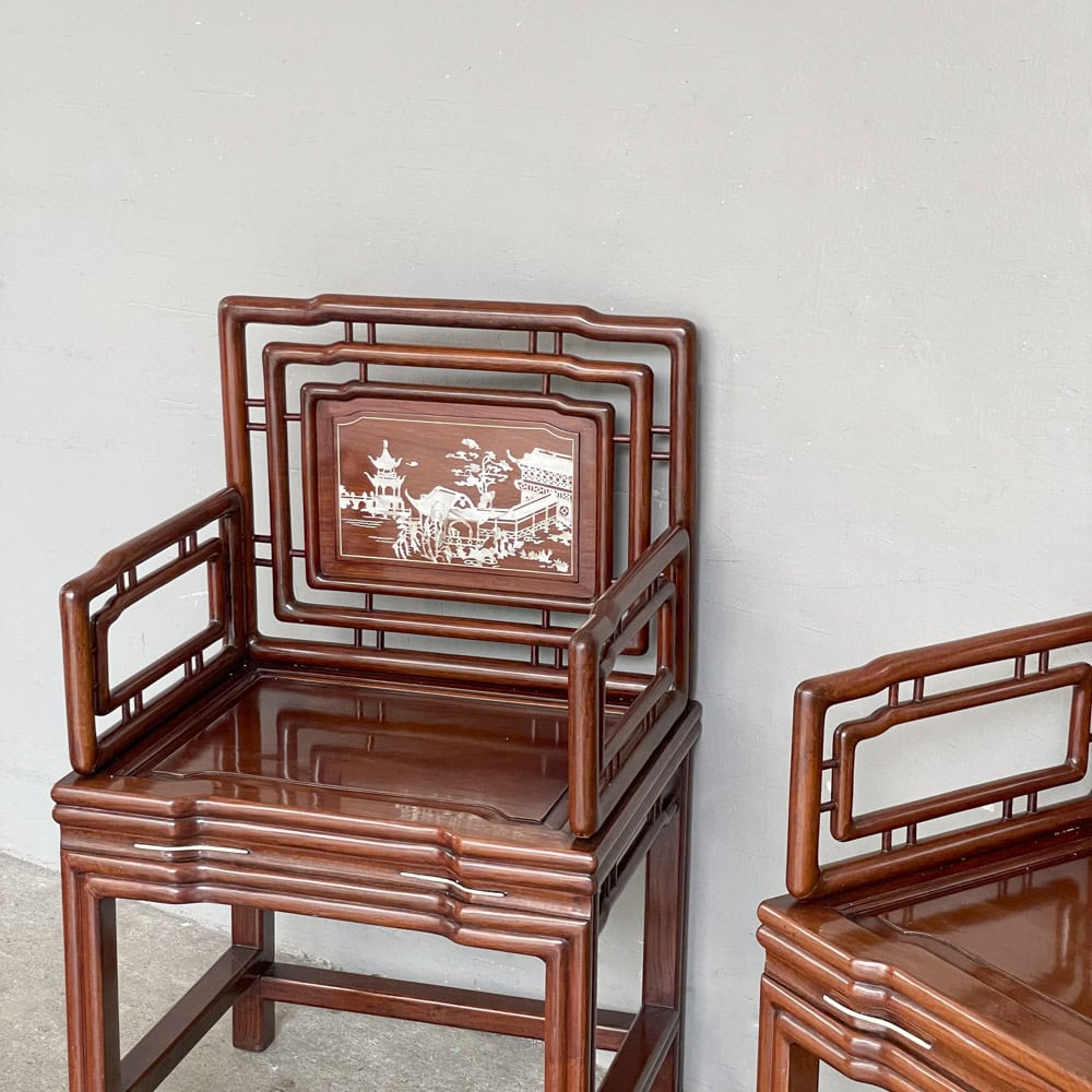 Pair of Rosewood Armchairs with Mother of Pearl Landscape Inlay