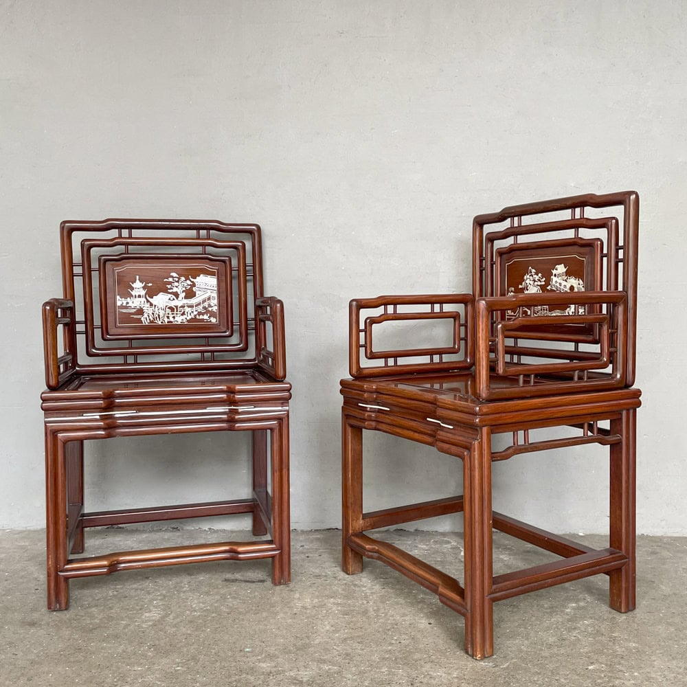 Pair of Rosewood Armchairs with Mother of Pearl Landscape Inlay