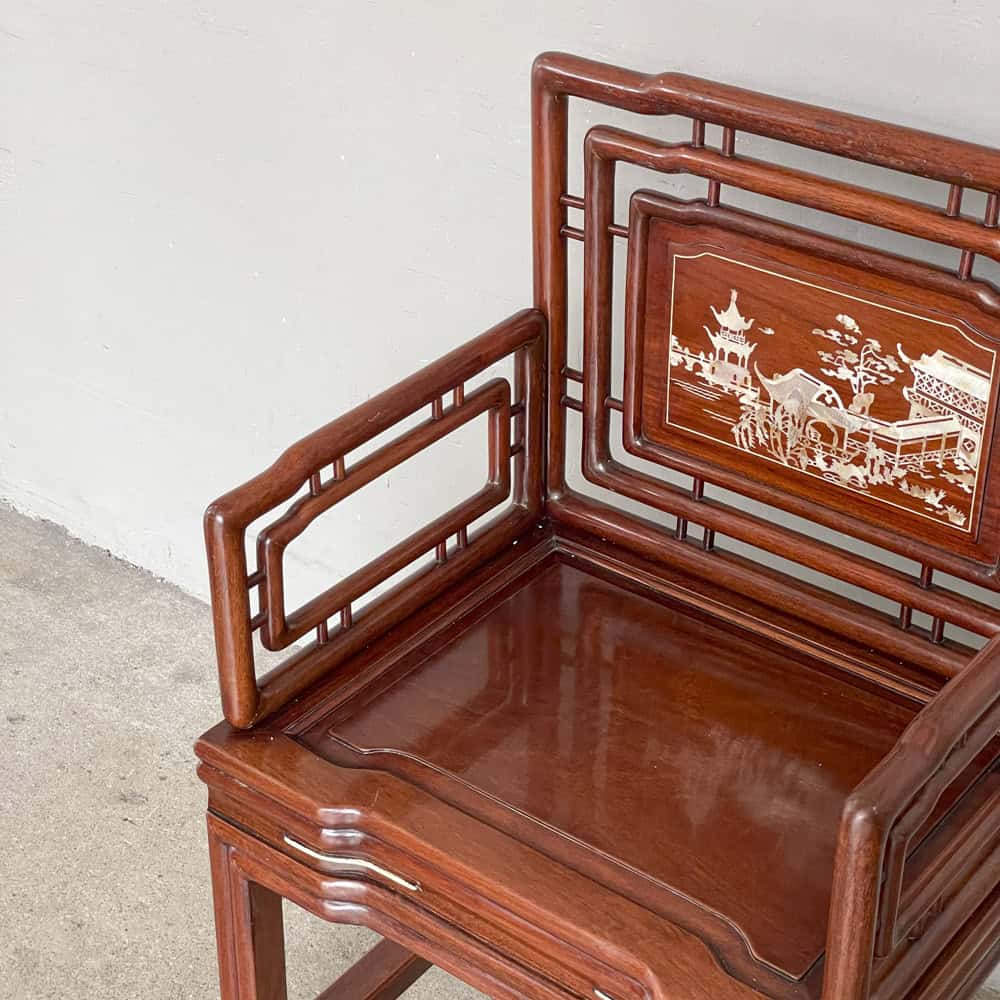 Pair of Rosewood Armchairs with Mother of Pearl Landscape Inlay