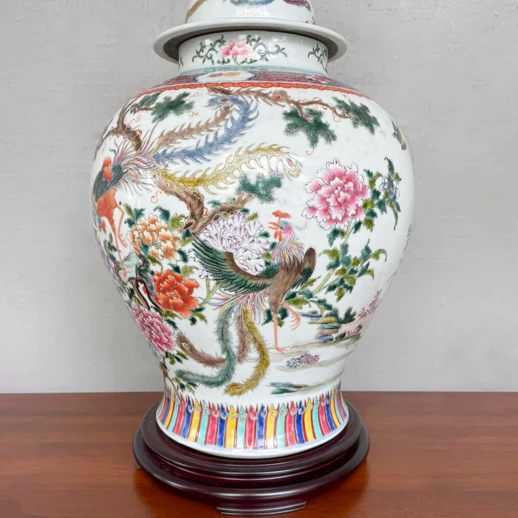 Vintage Bird & Peony Porcelain Table Lamp