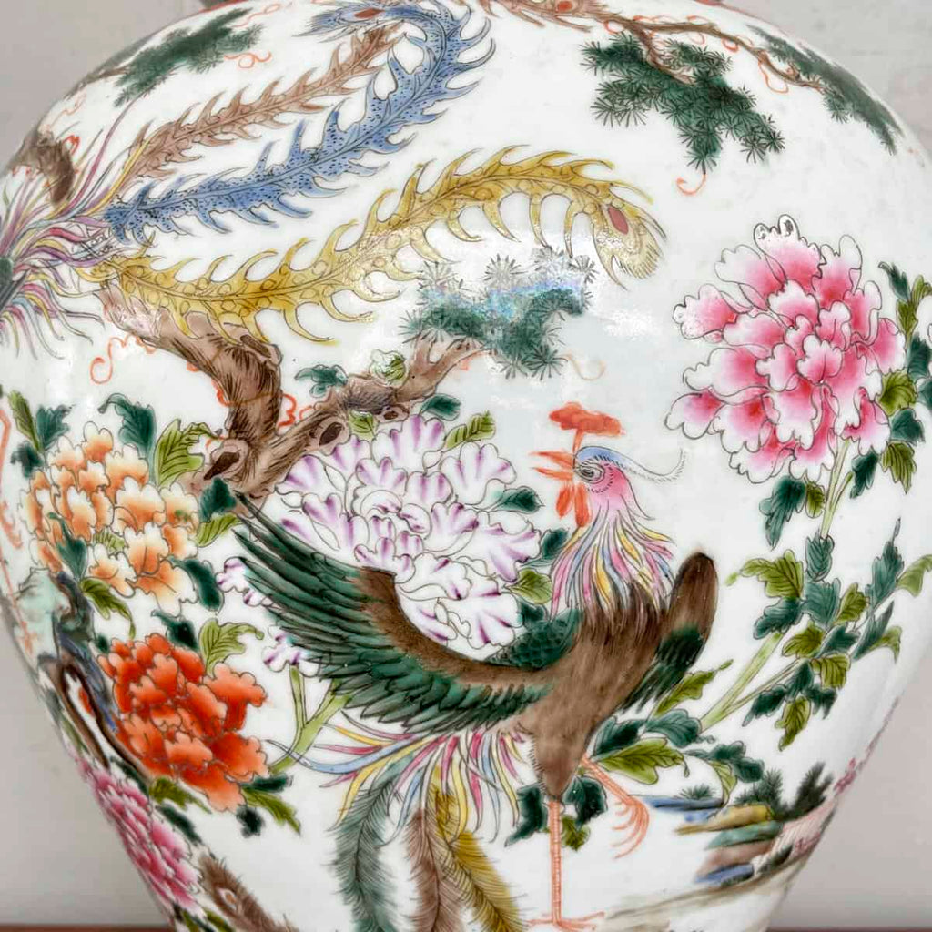 Vintage Bird & Peony Porcelain Table Lamp