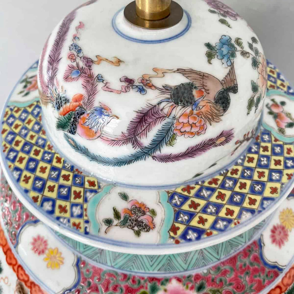 Vintage Bird & Peony Porcelain Table Lamp