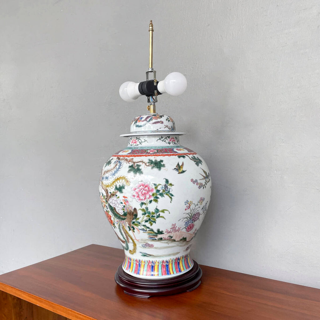 Vintage Bird & Peony Porcelain Table Lamp