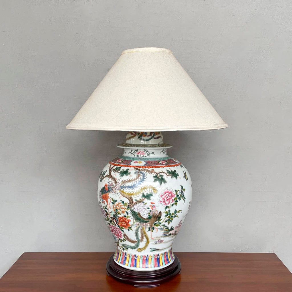 Vintage Bird & Peony Porcelain Table Lamp