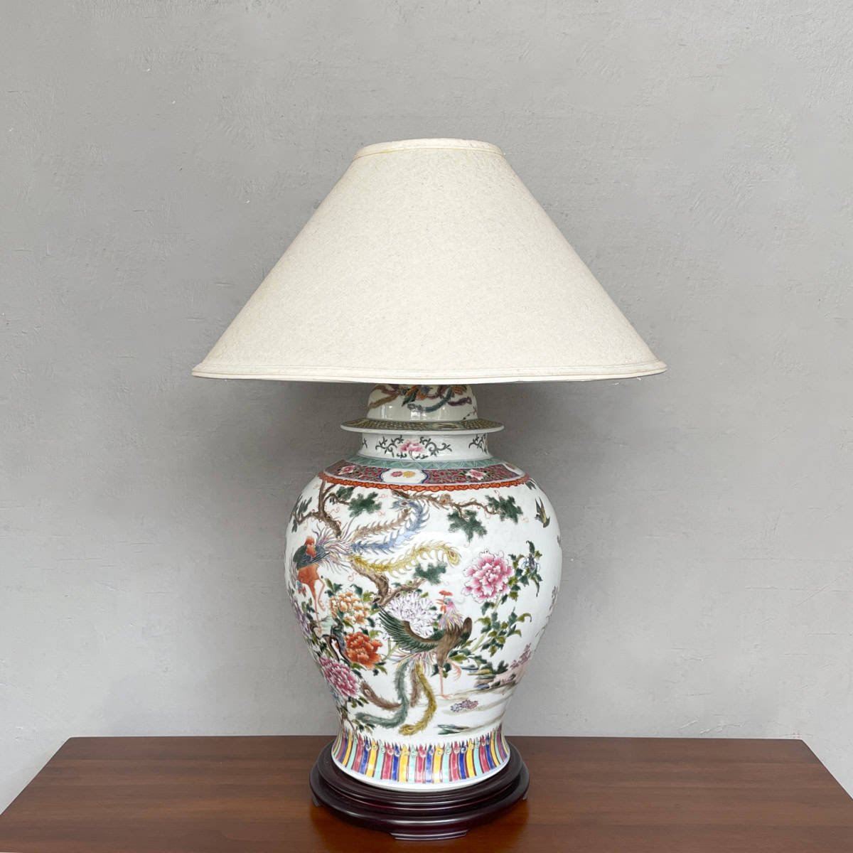 Vintage Bird & Peony Porcelain Table Lamp
