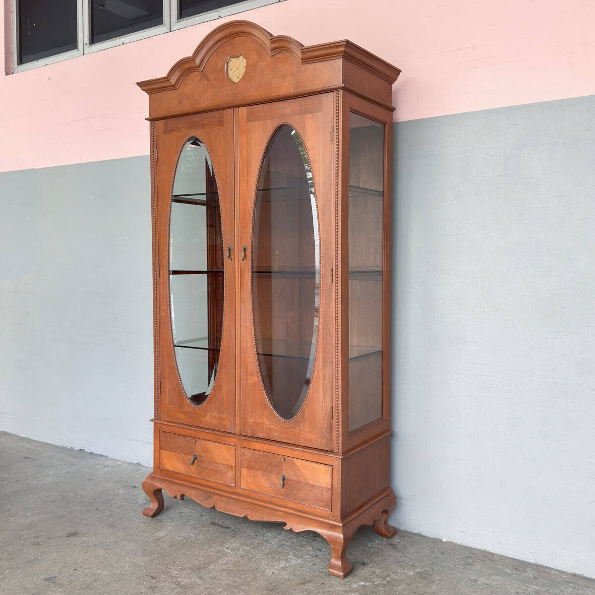 Vintage Teak Oval Glass Display Cabinet