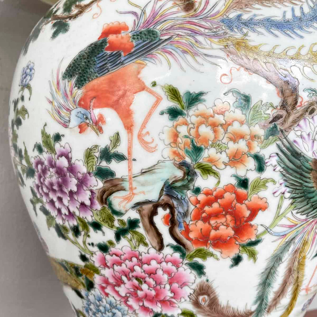 Vintage Bird & Peony Porcelain Table Lamp