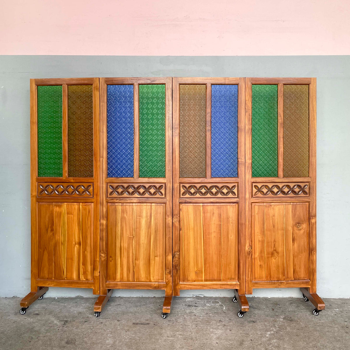 Low Teak & Coloured Glass Partition
