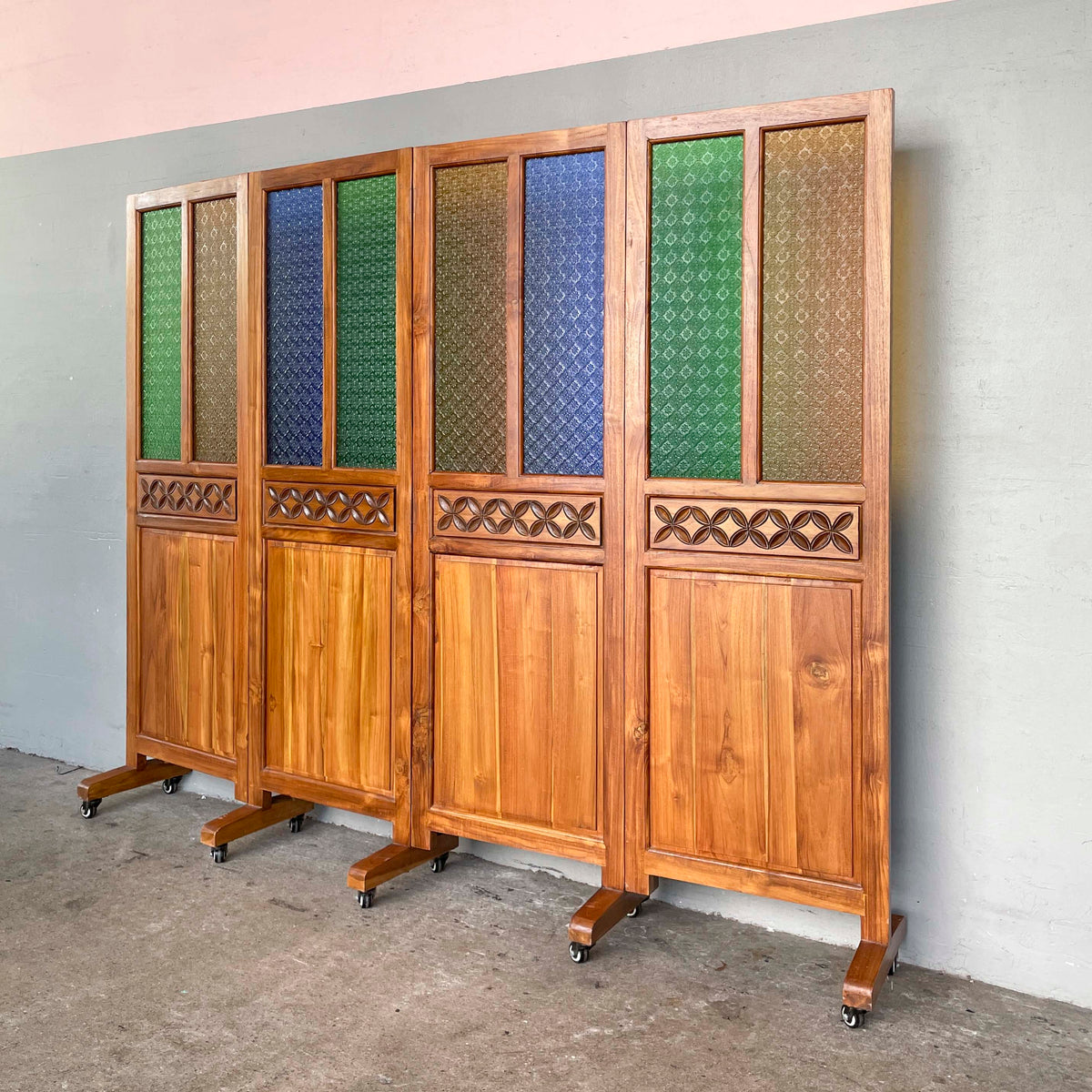 Low Teak & Coloured Glass Partition