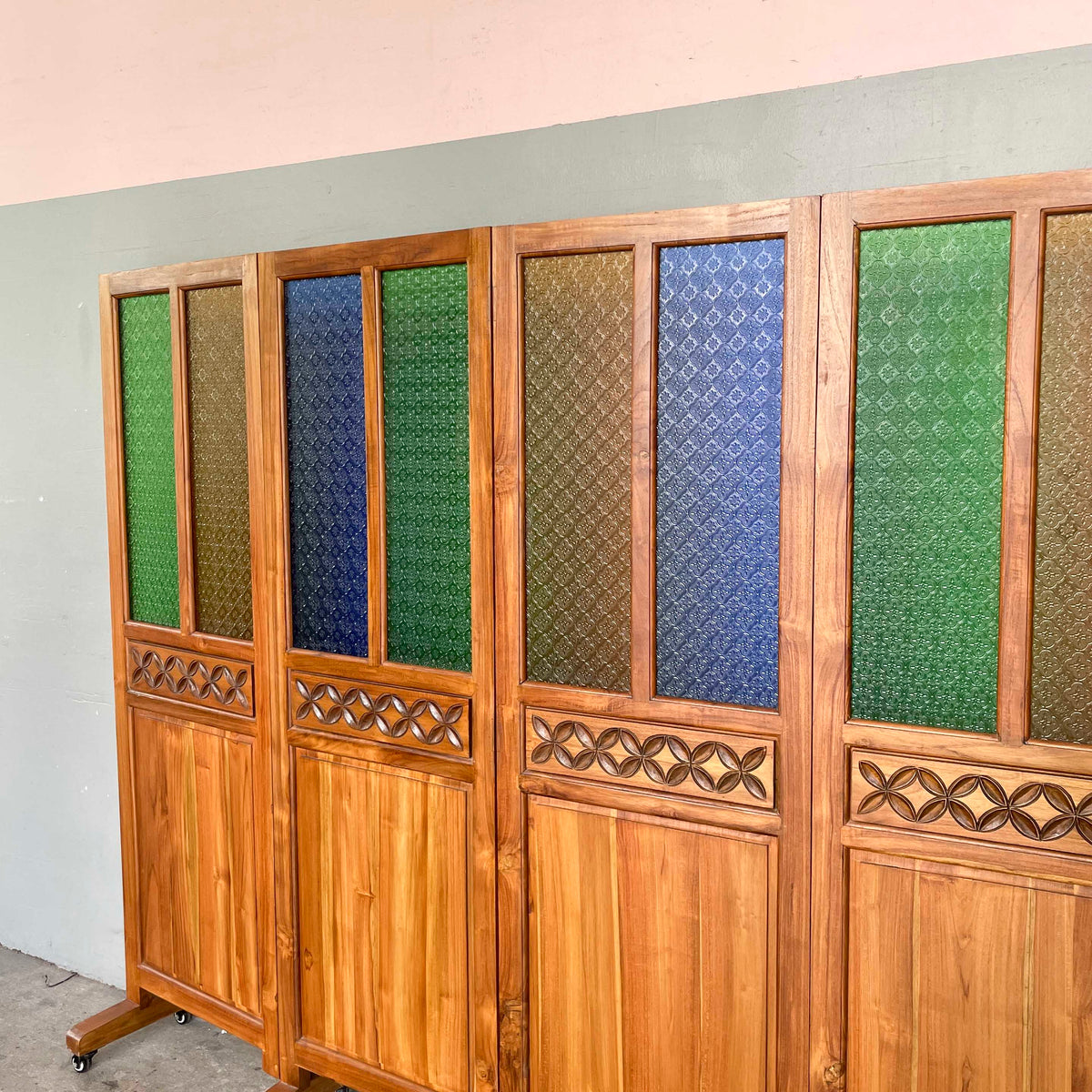 Low Teak & Coloured Glass Partition