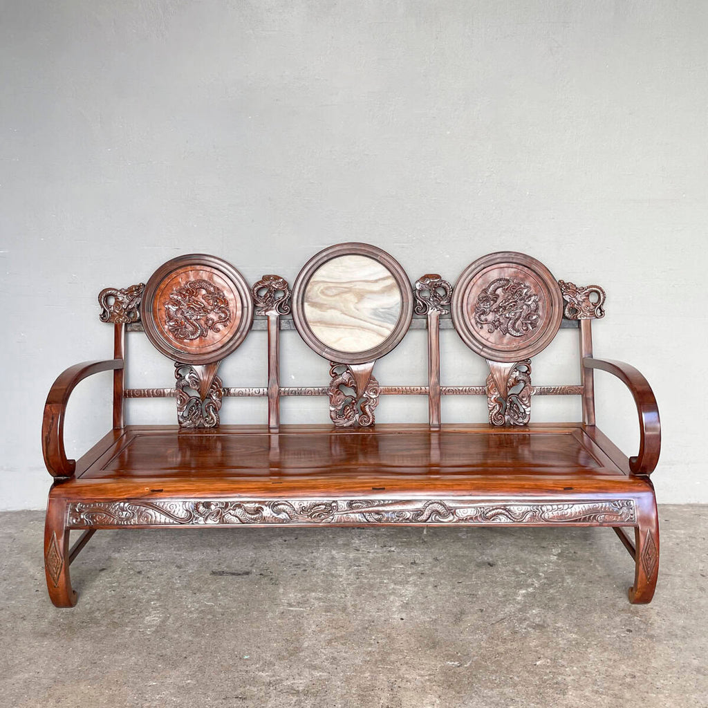 Carved Chinese Dragon Hardwood Sofa with Marble Backrest