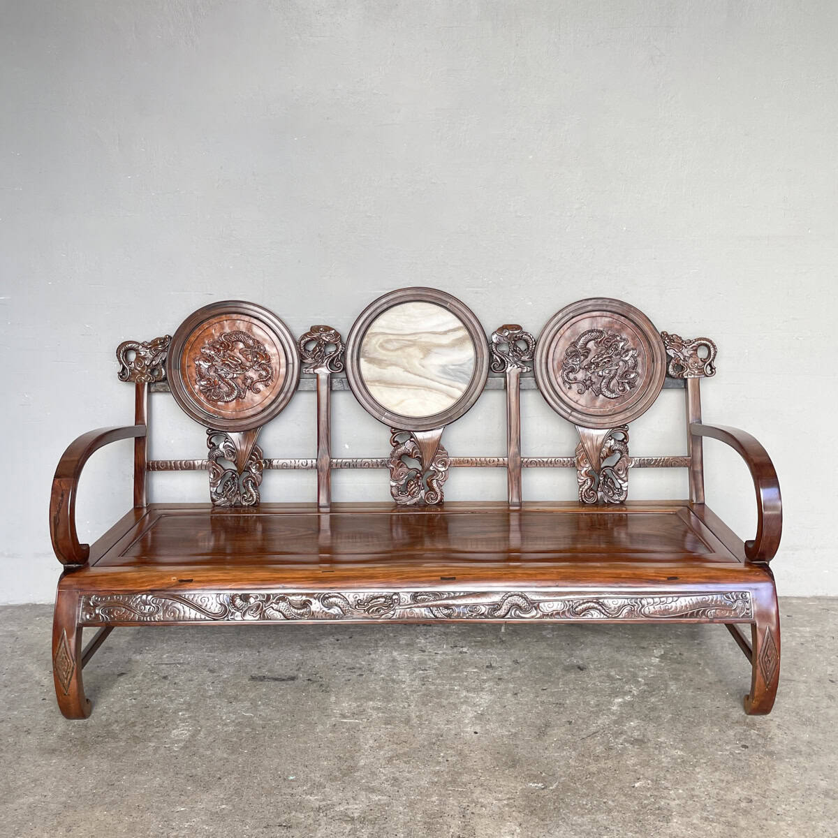 Carved Chinese Dragon Hardwood Sofa with Marble Backrest