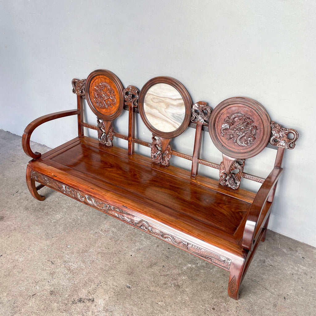 Carved Chinese Dragon Hardwood Sofa with Marble Backrest