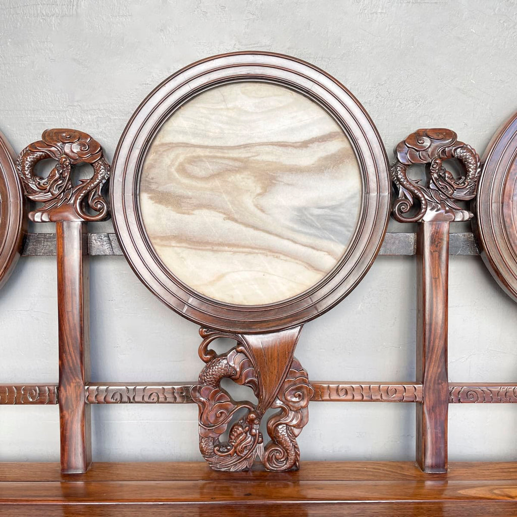 Carved Chinese Dragon Hardwood Sofa with Marble Backrest