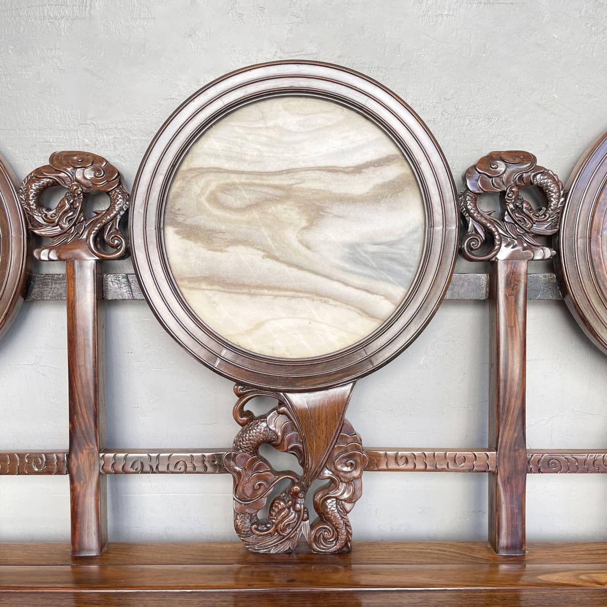 Carved Chinese Dragon Hardwood Sofa with Marble Backrest