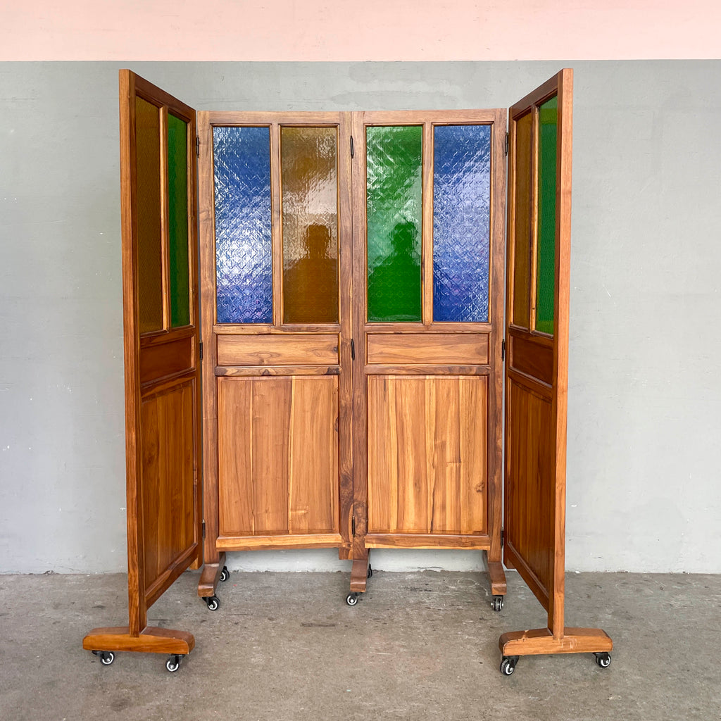Low Teak & Coloured Glass Partition