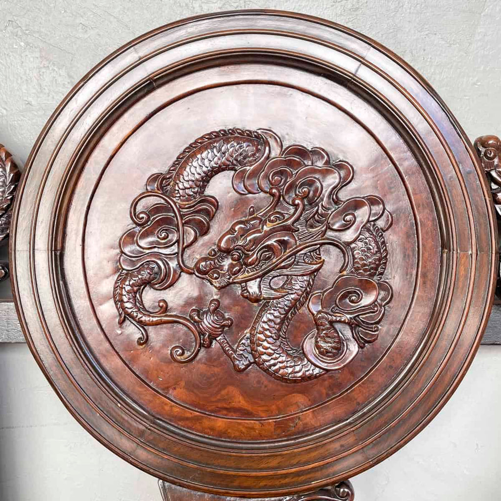 Carved Chinese Dragon Hardwood Sofa with Marble Backrest