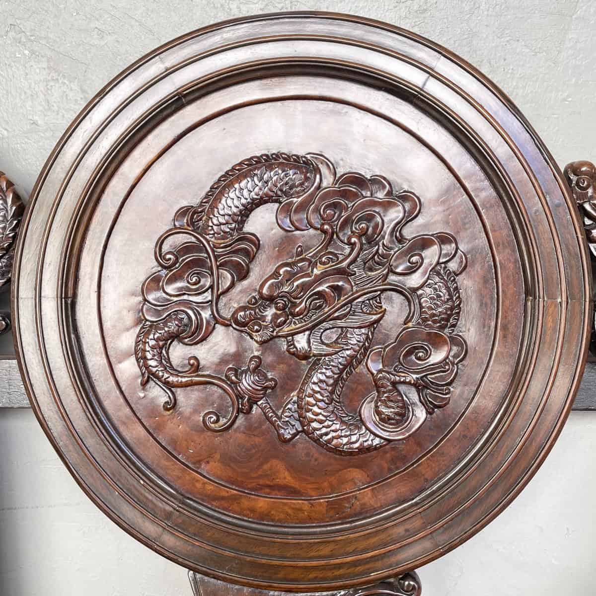 Carved Chinese Dragon Hardwood Sofa with Marble Backrest