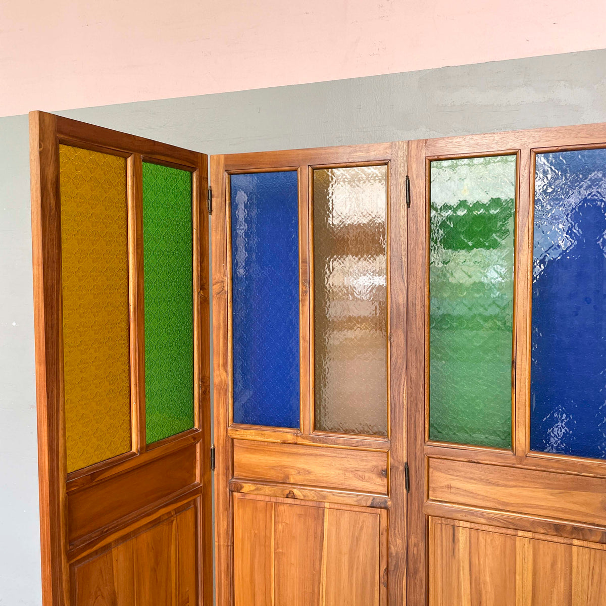Low Teak & Coloured Glass Partition