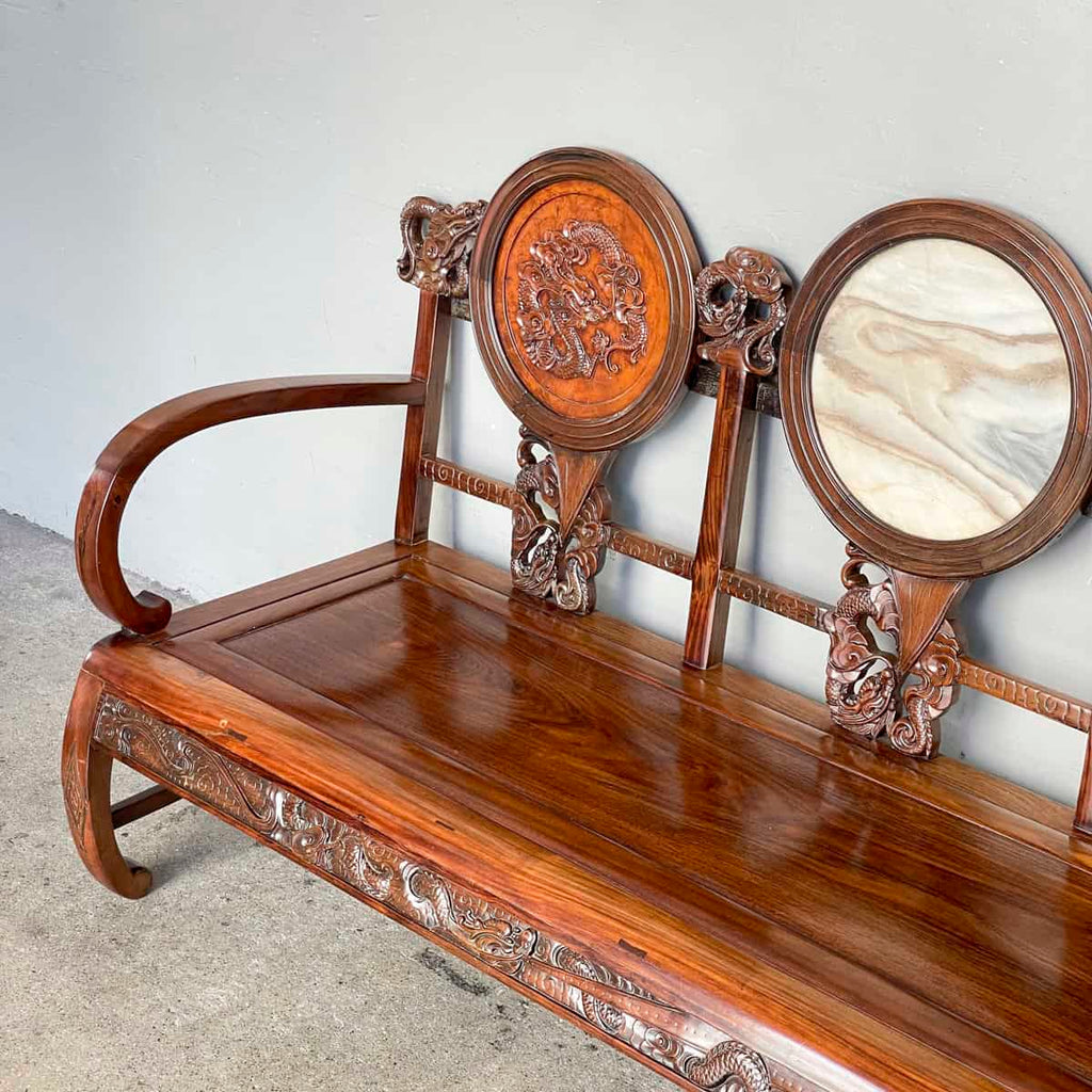 Carved Chinese Dragon Hardwood Sofa with Marble Backrest