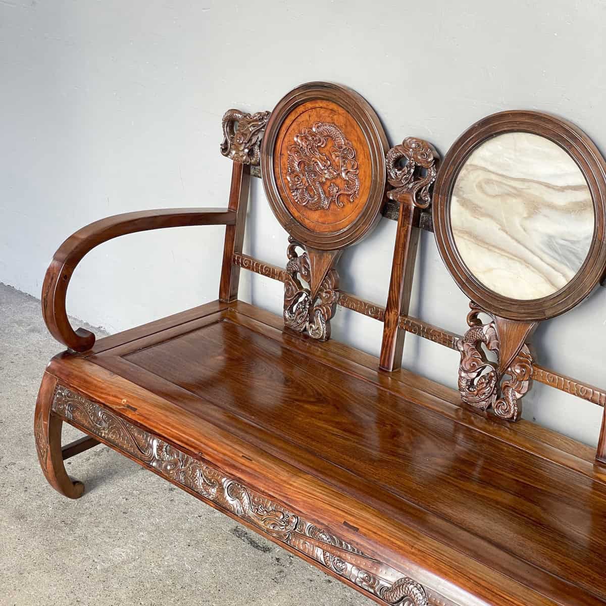 Carved Chinese Dragon Hardwood Sofa with Marble Backrest