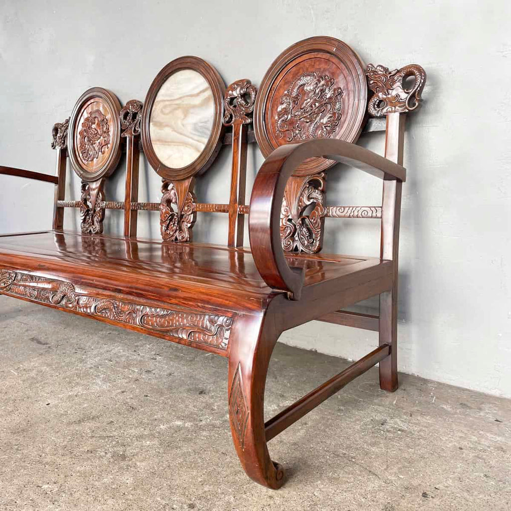 Carved Chinese Dragon Hardwood Sofa with Marble Backrest
