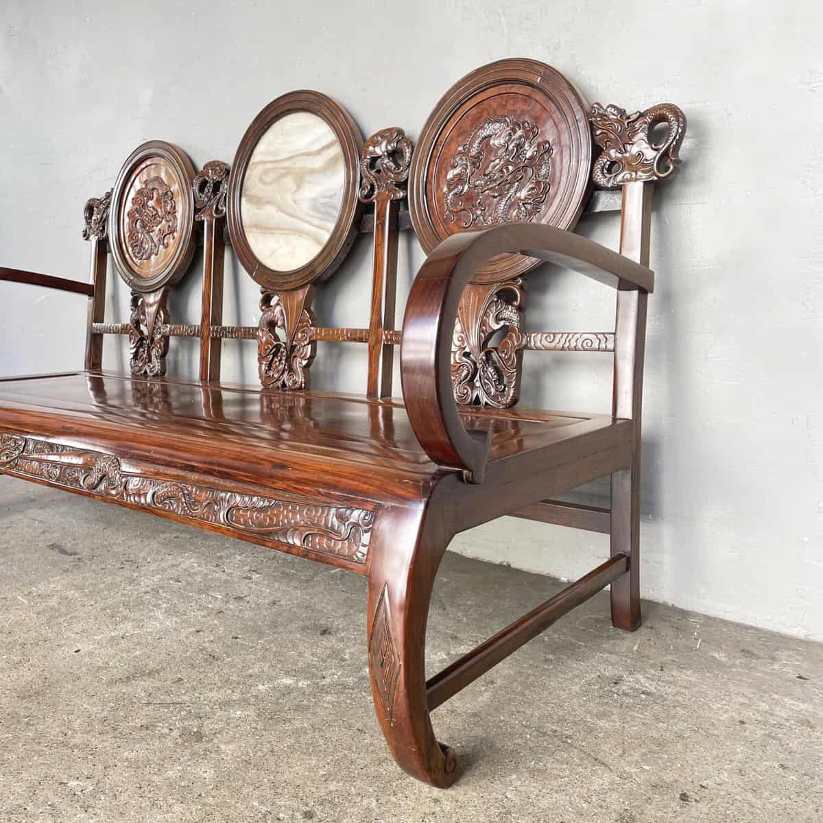 Carved Chinese Dragon Hardwood Sofa with Marble Backrest