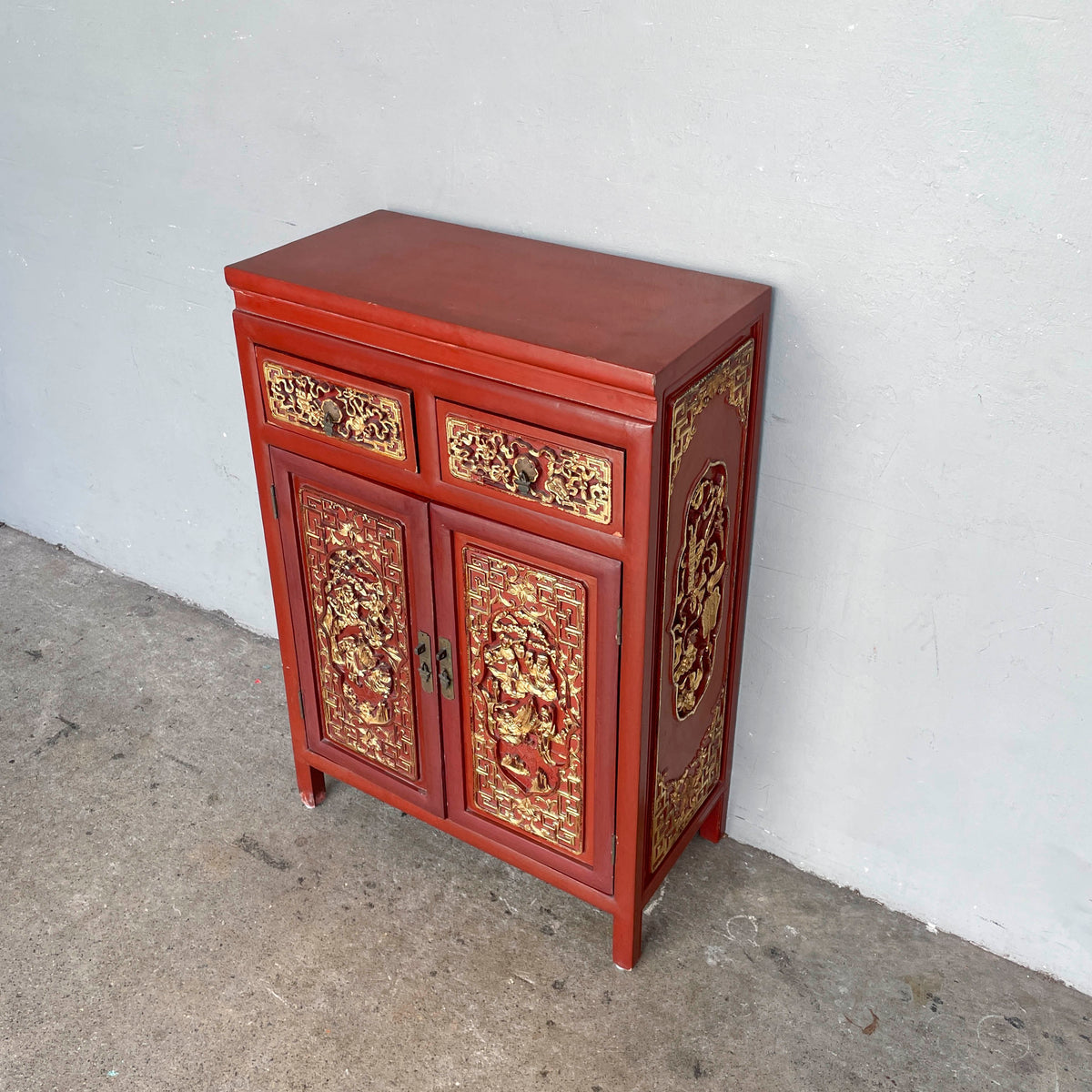Gilded Carved Red Lacquered Cabinet