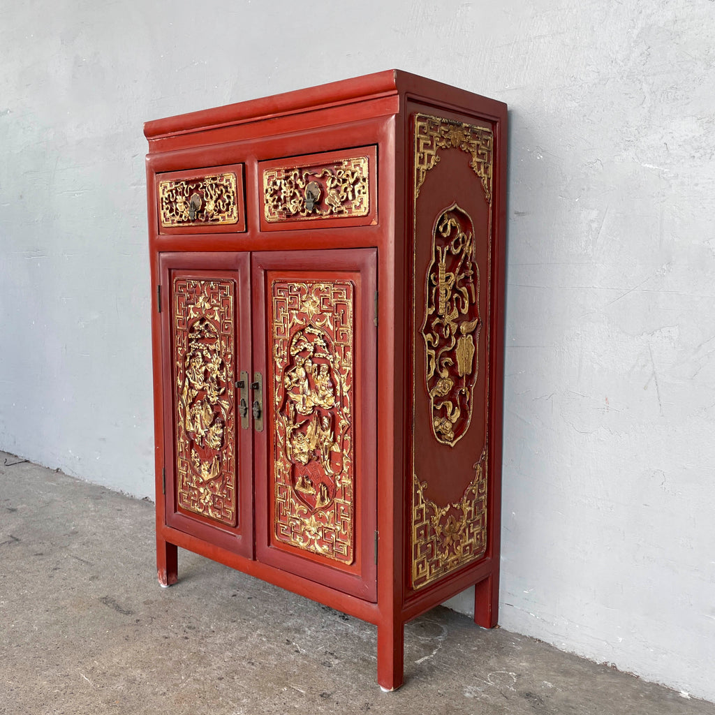 Gilded Carved Red Lacquered Cabinet
