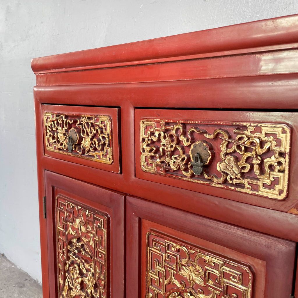Gilded Carved Red Lacquered Cabinet