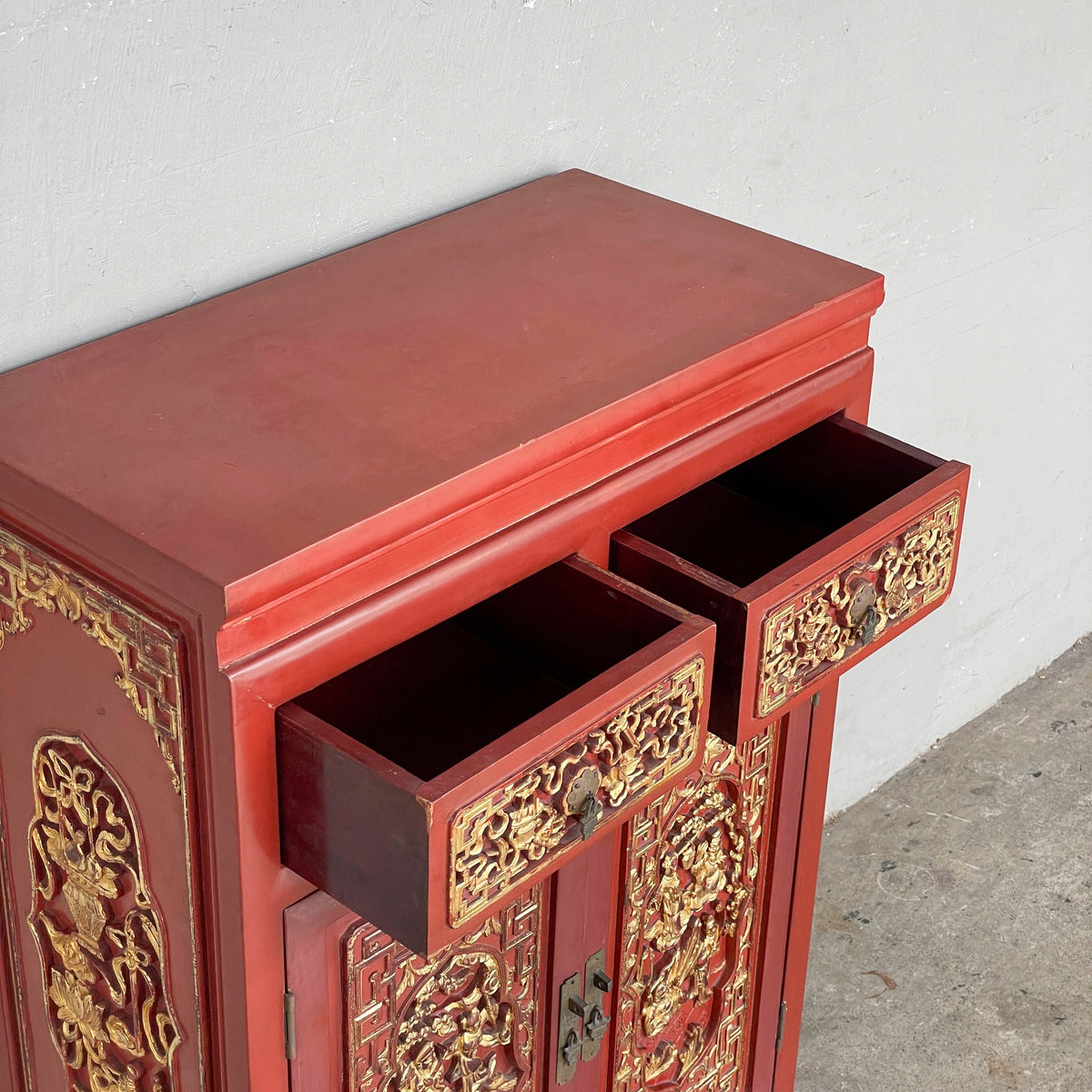 Gilded Carved Red Lacquered Cabinet