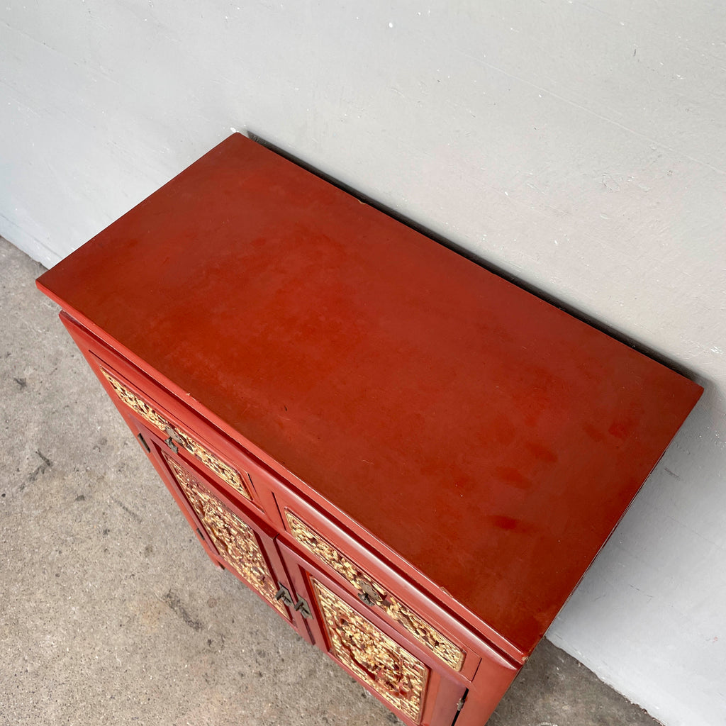 Gilded Carved Red Lacquered Cabinet