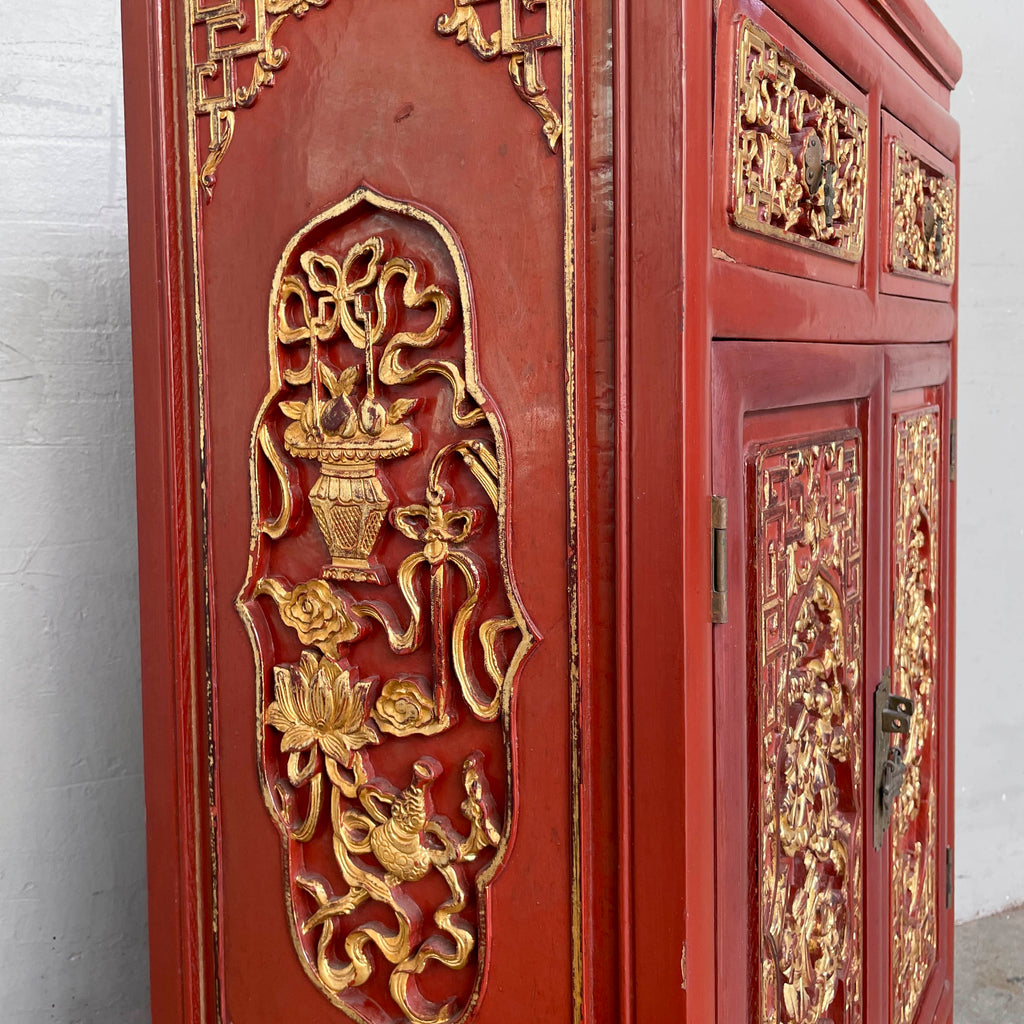 Gilded Carved Red Lacquered Cabinet