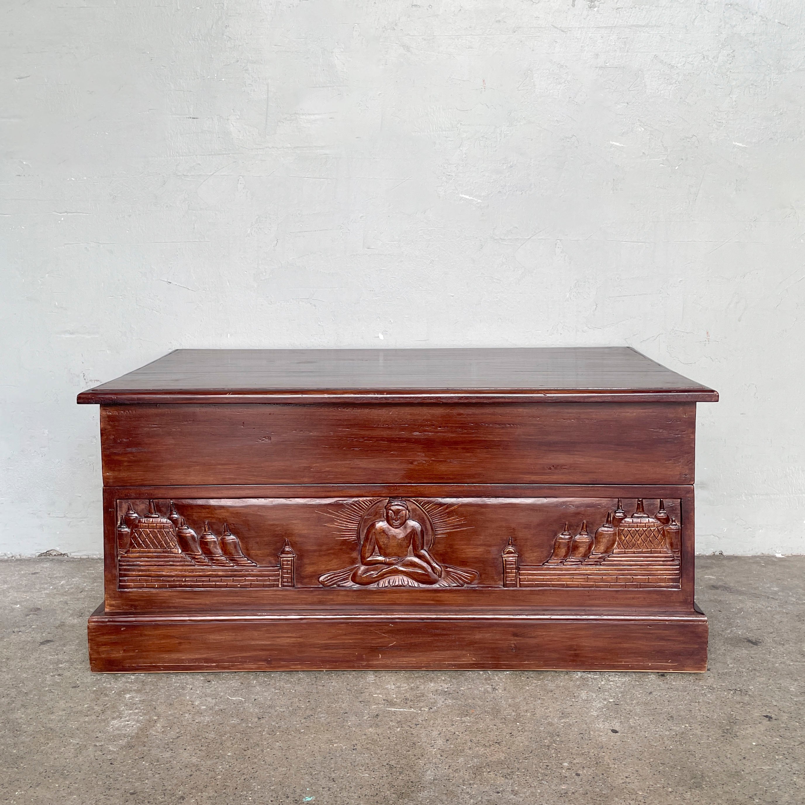 Wooden Chest with Buddha Carvings