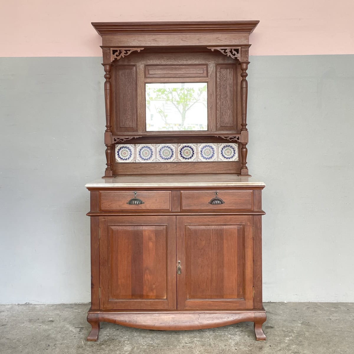 Vintage Sideboard with Marble Top & Mirror Hutch