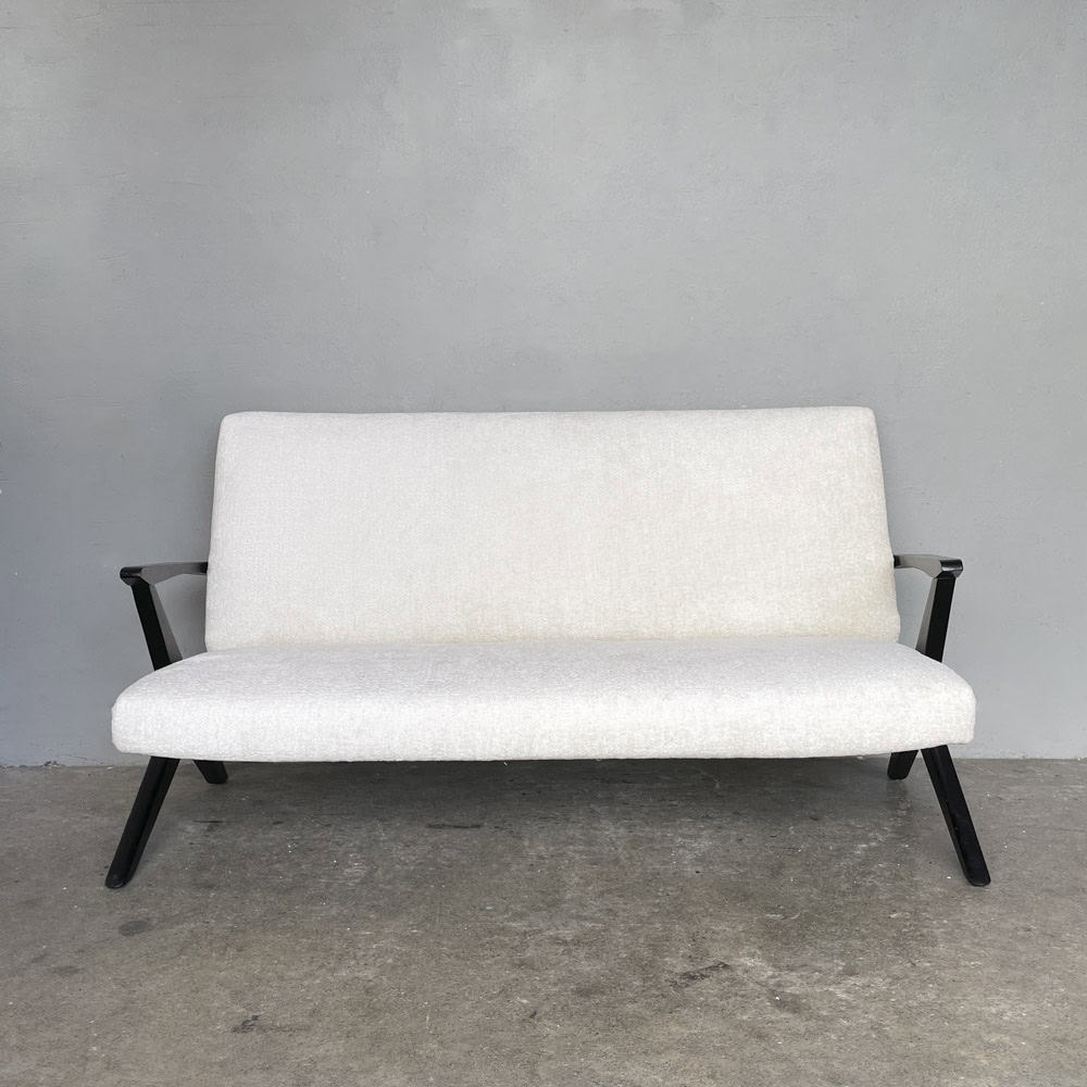 Newly Upholstered "K-Leg" Vintage Sofa in Bouclé Fabric