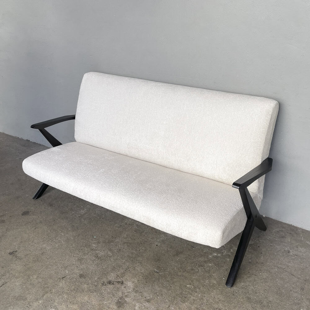 Newly Upholstered "K-Leg" Vintage Sofa in Bouclé Fabric