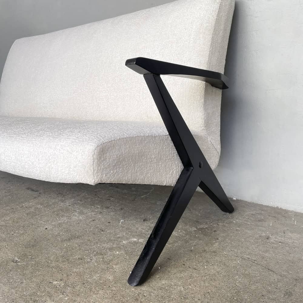 Newly Upholstered "K-Leg" Vintage Sofa in Bouclé Fabric