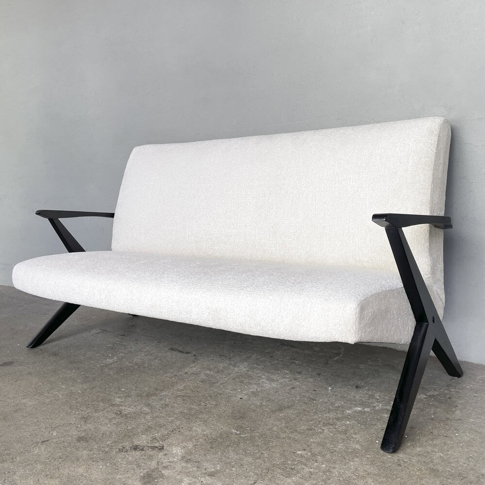 Newly Upholstered "K-Leg" Vintage Sofa in Bouclé Fabric