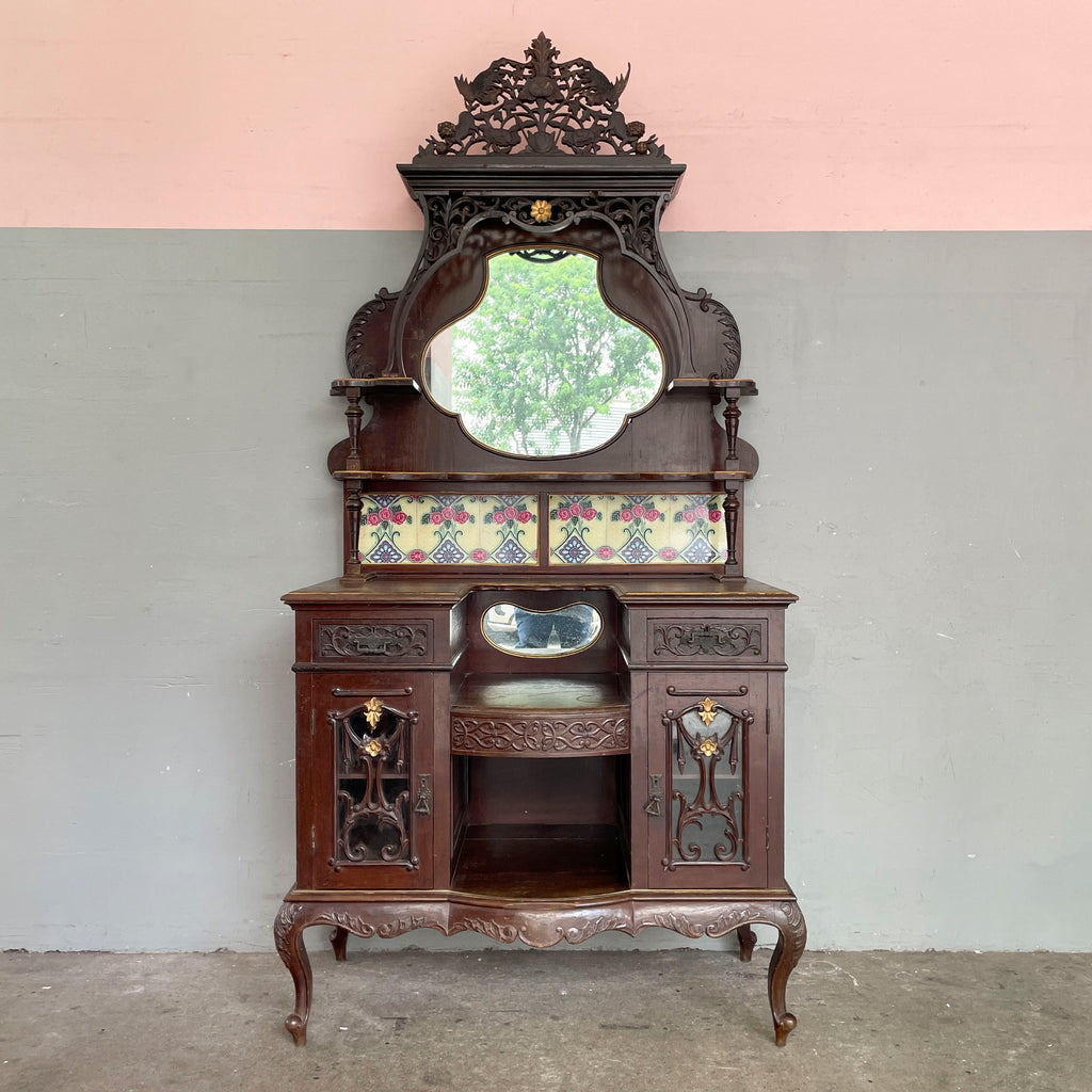 Vintage Peranakan Vanity Sideboard with Tiles and "Plum" Mirror
