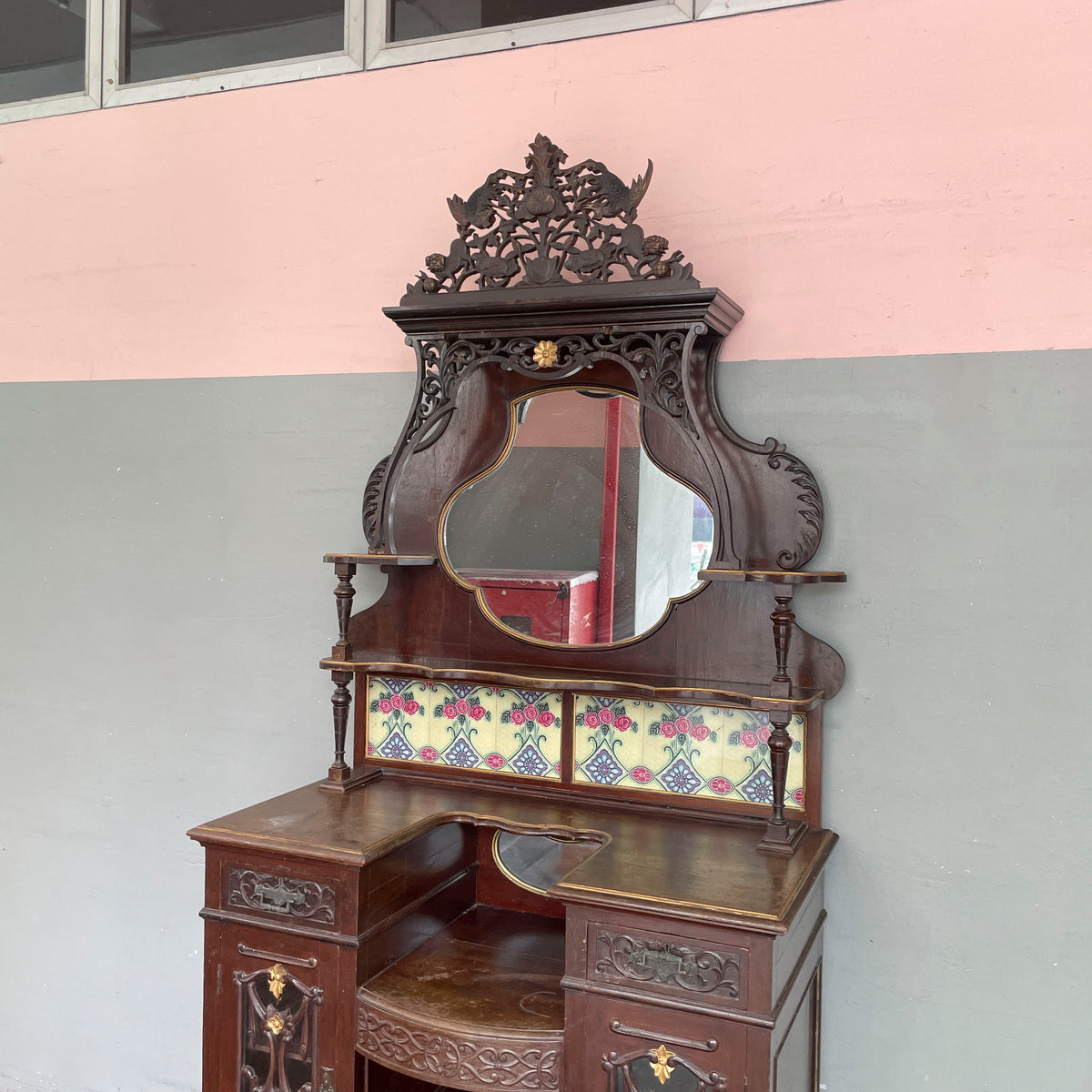 Vintage Peranakan Vanity Sideboard with Tiles and "Plum" Mirror