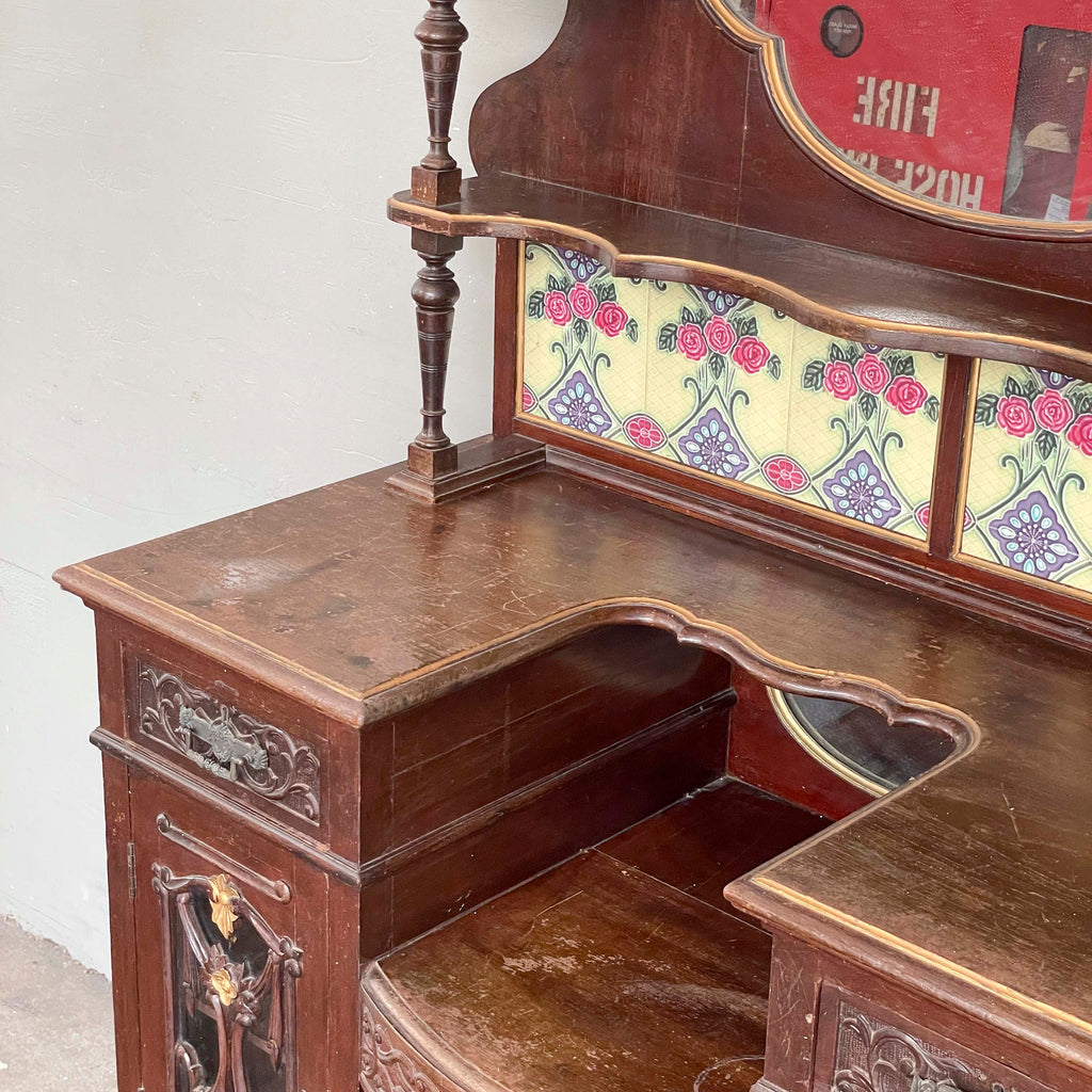 Vintage Peranakan Vanity Sideboard with Tiles and "Plum" Mirror