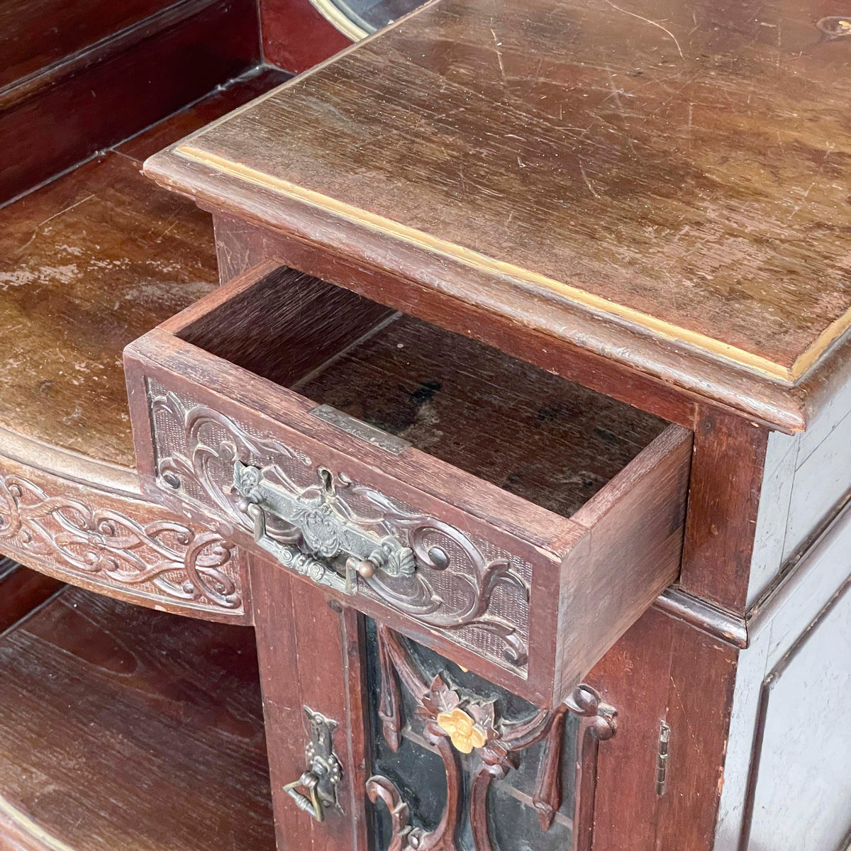 Vintage Peranakan Vanity Sideboard with Tiles and "Plum" Mirror