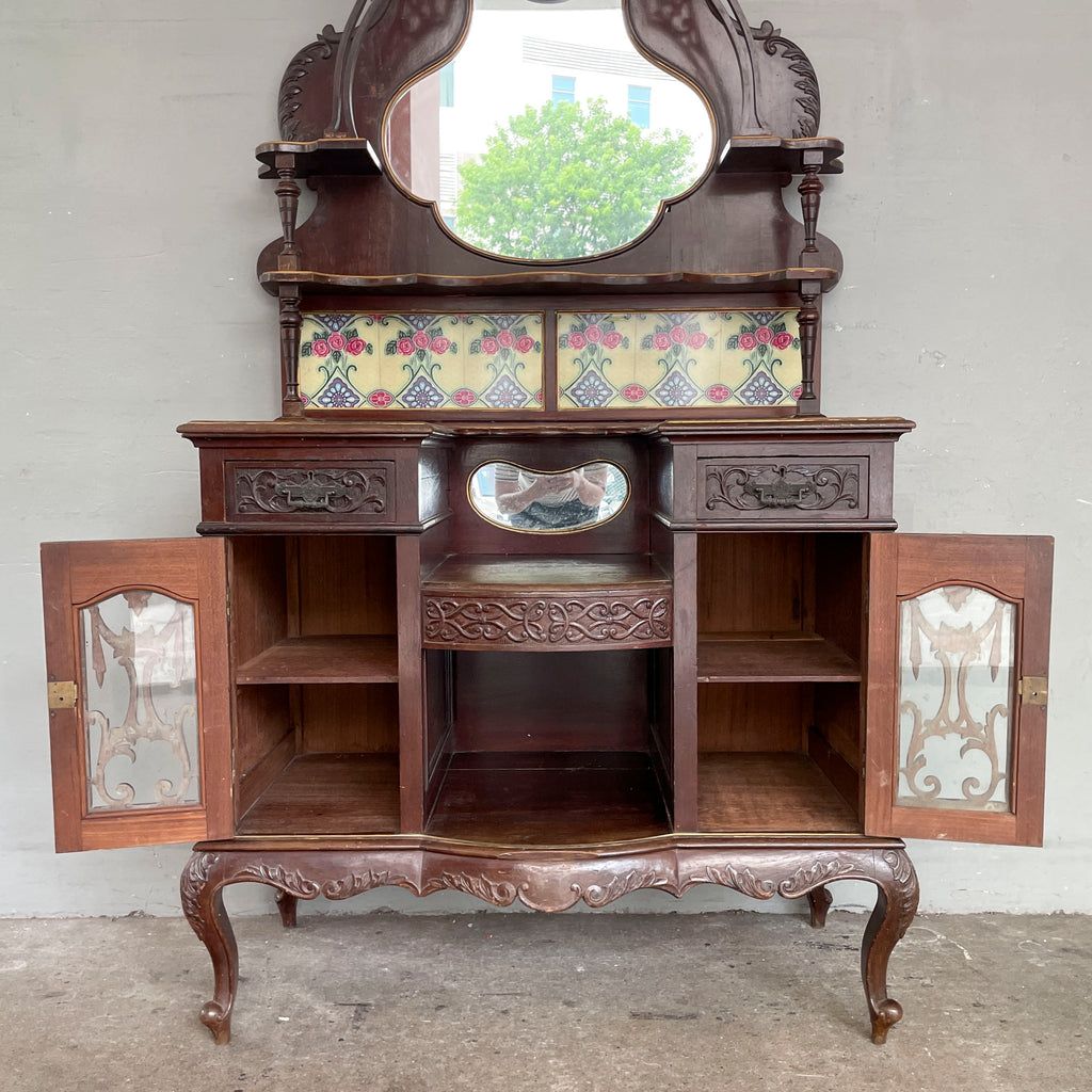 Vintage Peranakan Vanity Sideboard with Tiles and "Plum" Mirror